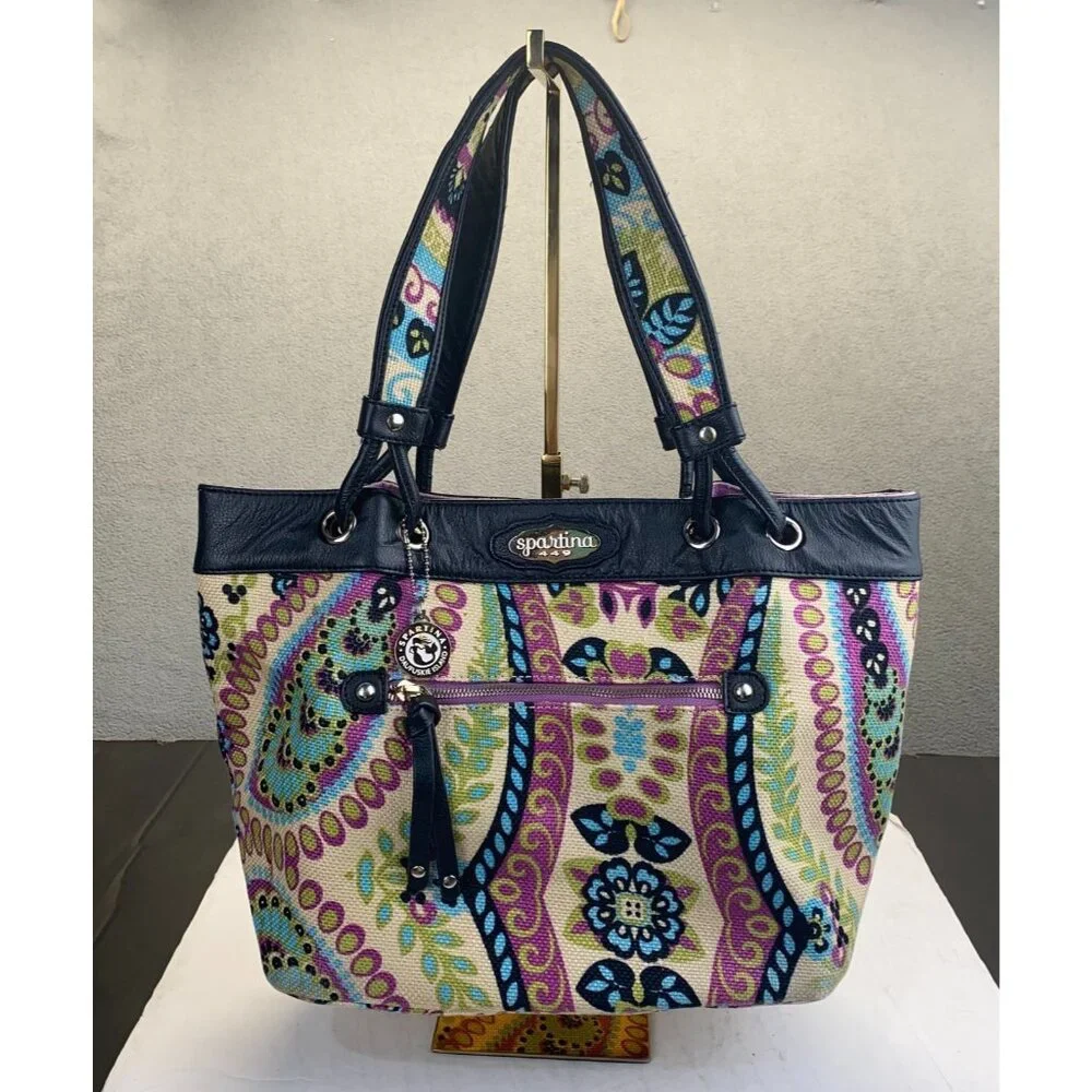 Spartina 449 Floral Multicolor Linen‎ Fabric with Black Leather Trim Tote Bag
